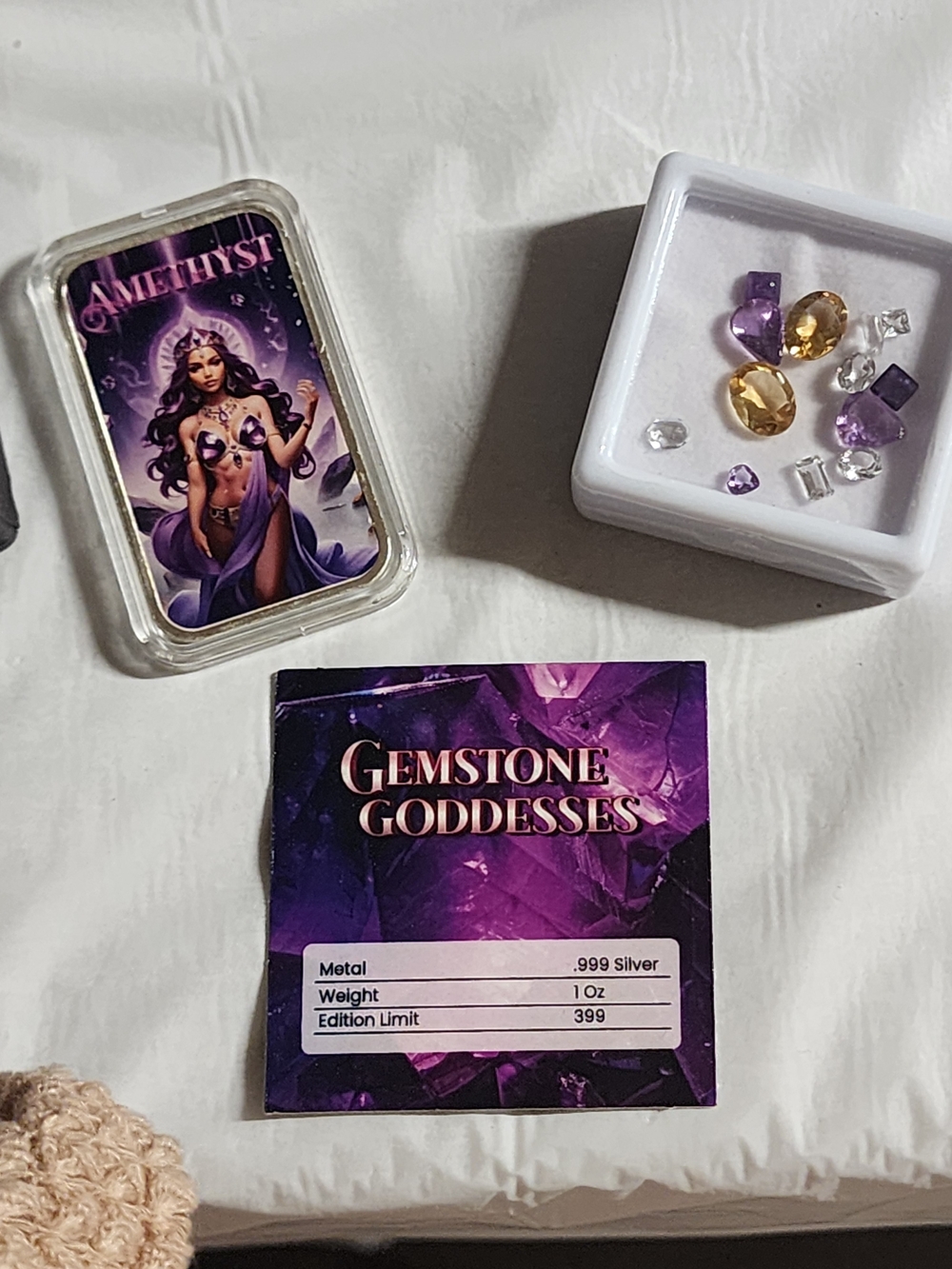Amethyst Gemstone Goddess Silver Art Bar with Loose Gemstones